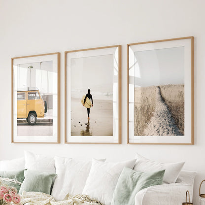 California Beach Surfer Wall Art Set of 3 Retro Prints