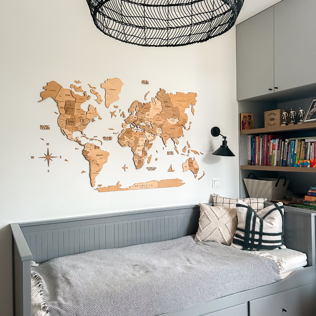 3D Wooden World Map Wall Art - Light