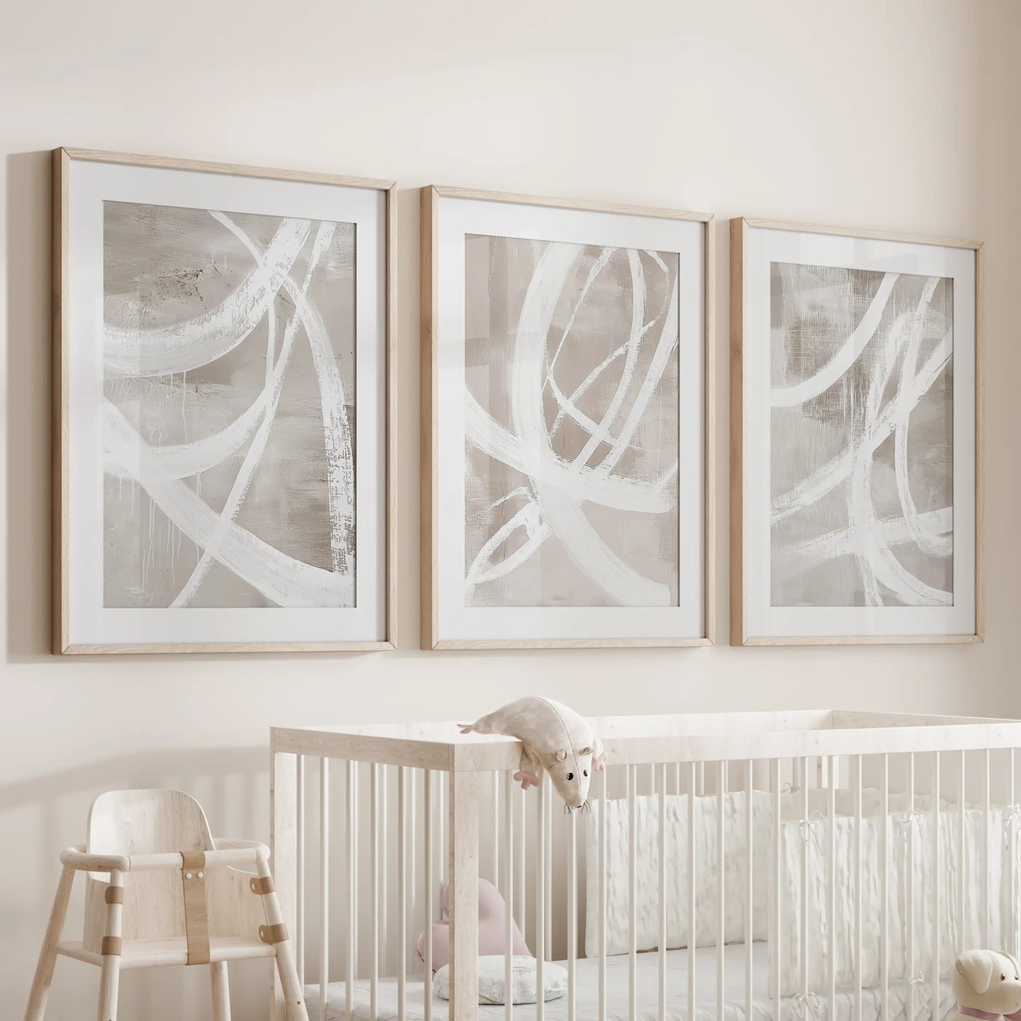 Neutral Abstract Wall Art Set of 3 Brush Stroke Prints