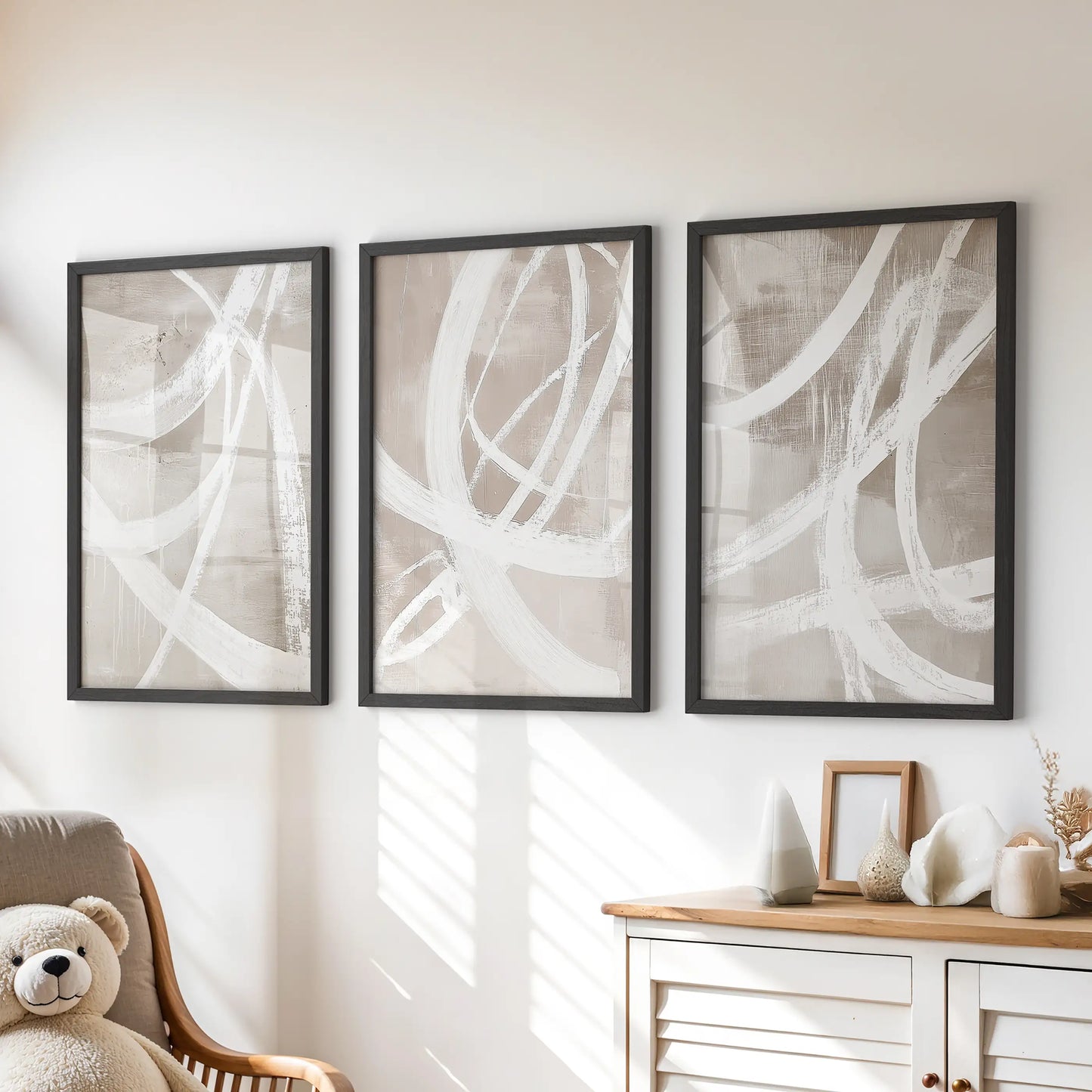 Neutral Abstract Wall Art Set of 3 Brush Stroke Prints