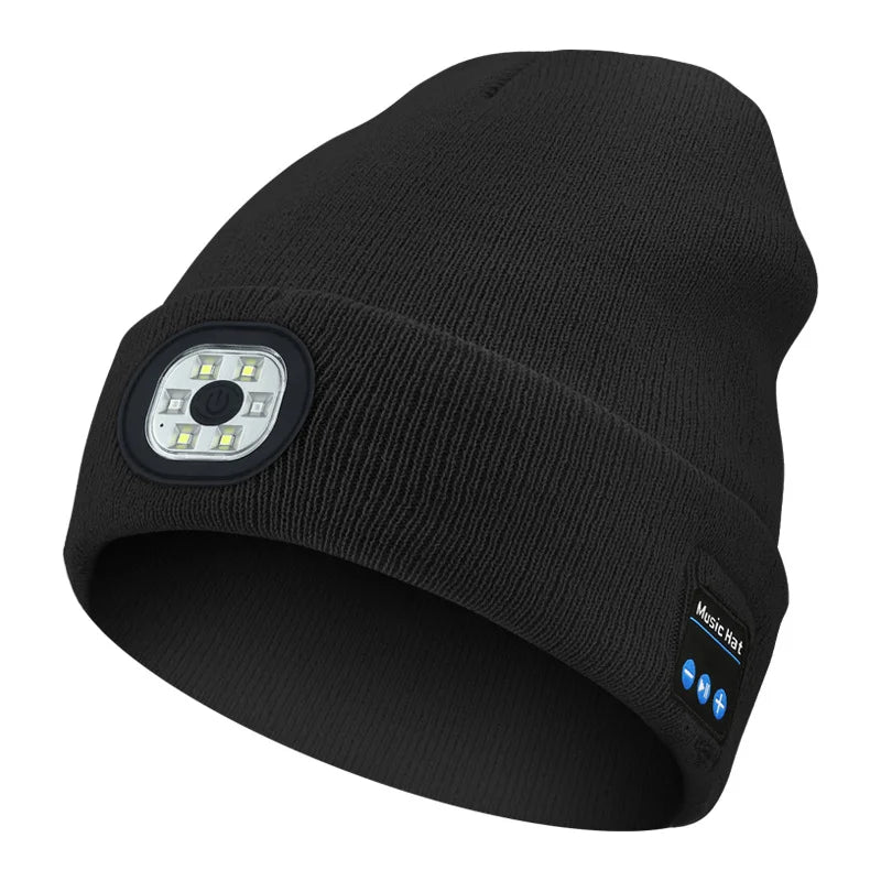 LED Bluetooth Beanie Hat - Rechargeable Headlight & Wireless Headphones