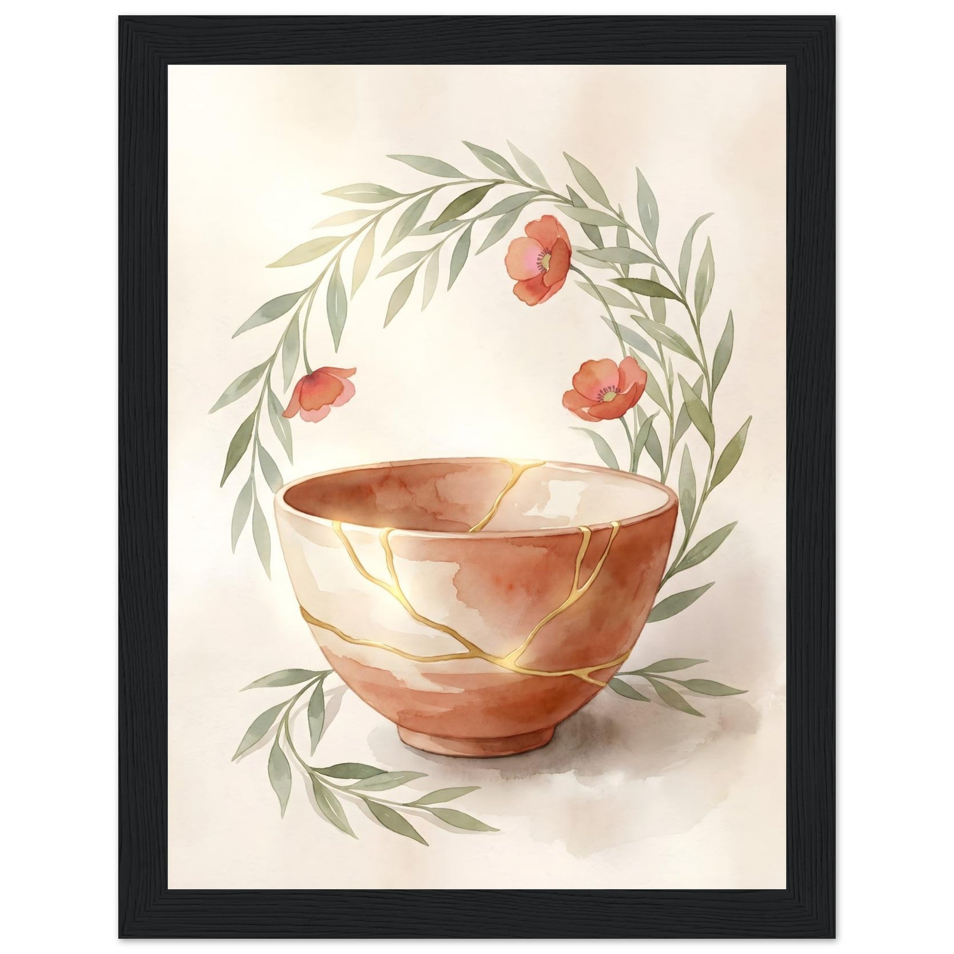 9th Anniversary Gift for Her - Kintsugi Pottery Wall Art - 20x25 cm / 8x10″ - White frame / Ready-to-hang - Sparkycare