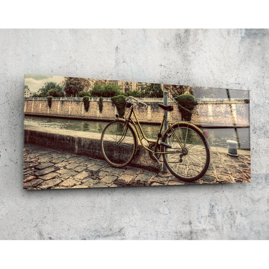 Panoramic bicycle glass wall art in vivid tones on high-gloss tempered glass