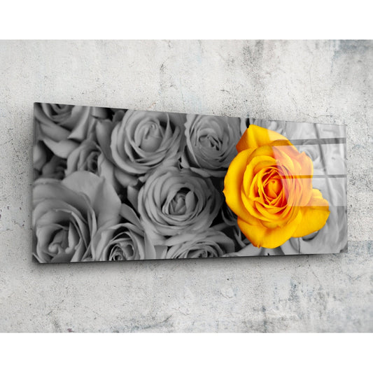 Yellow Rose glass wall art hanging on wall