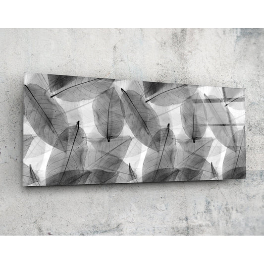 Black and white leaves glass wall art panoramic size