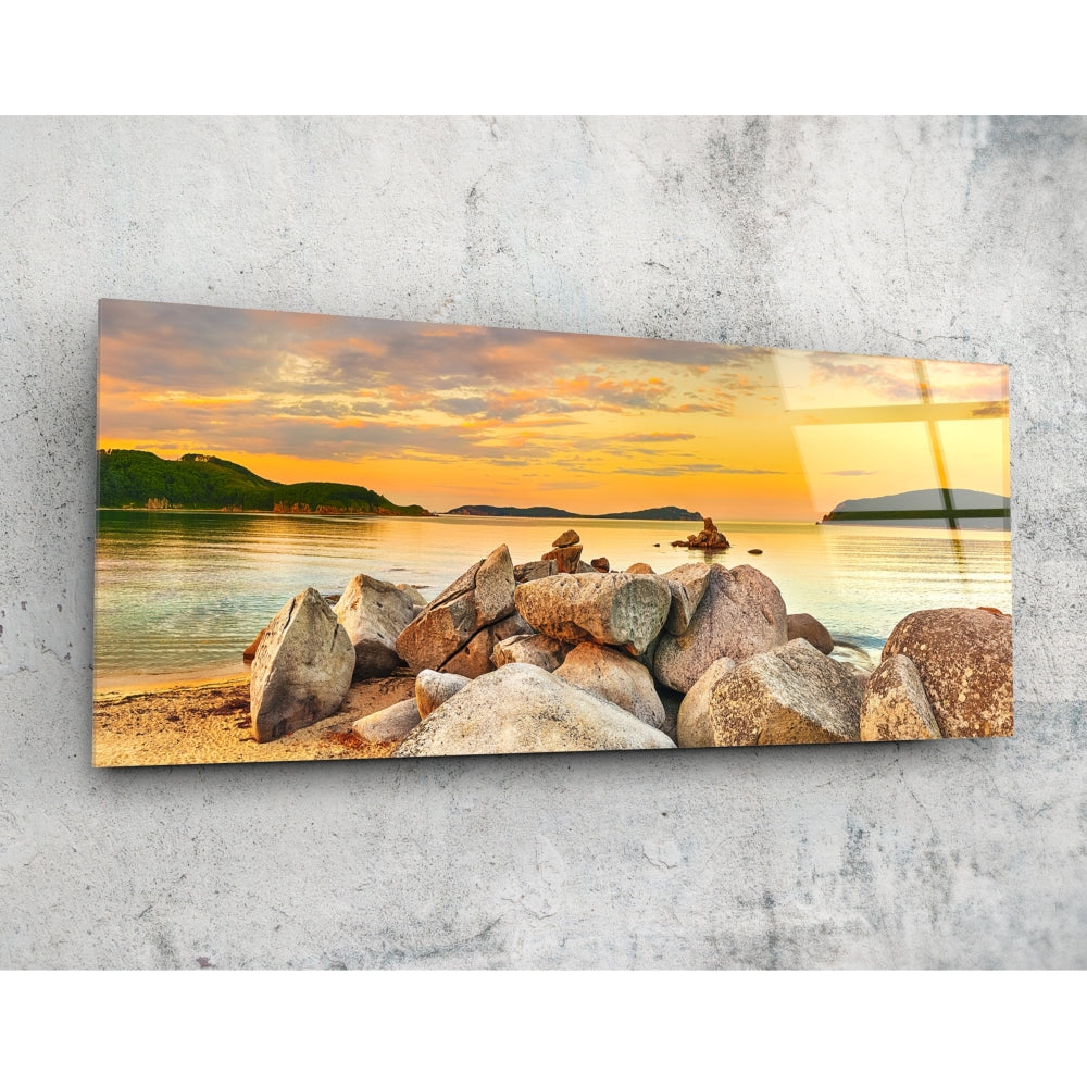 Beach glass wall art coastal shoreline scene on tempered glass