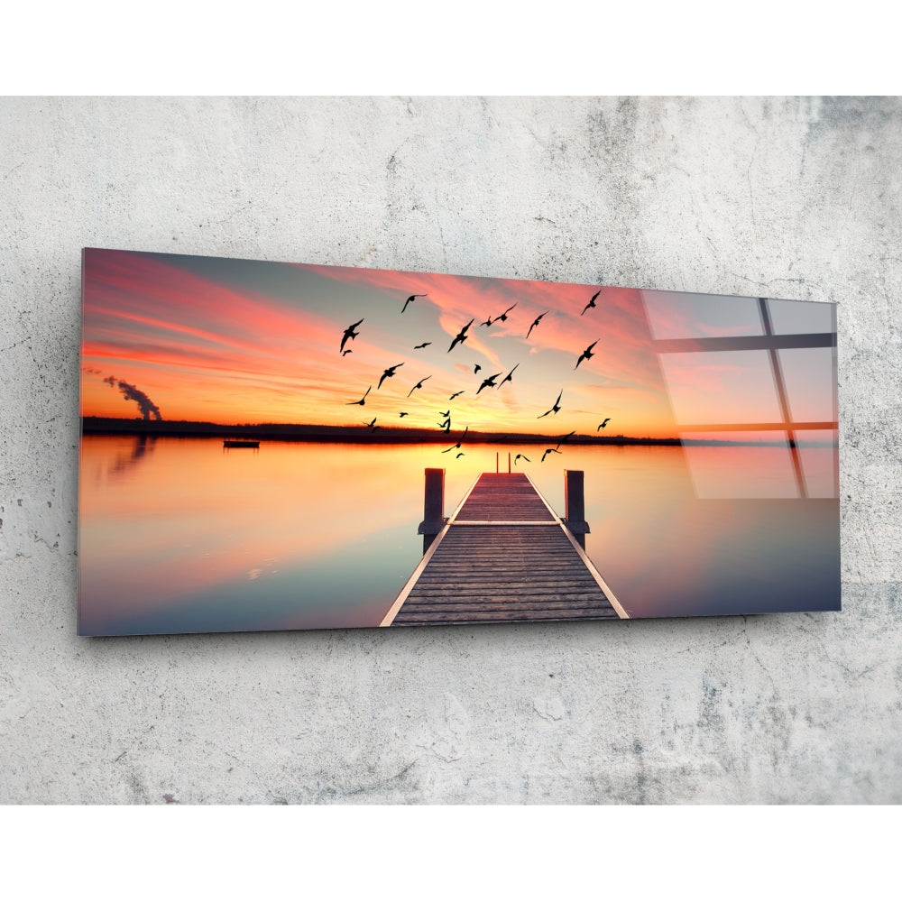 Sunset pier birds coastal glass wall art