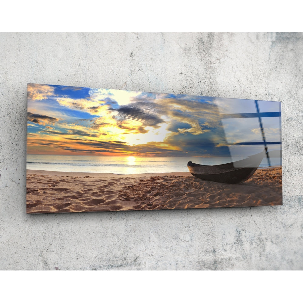 Beach glass wall art coastal shoreline scene on tempered glass