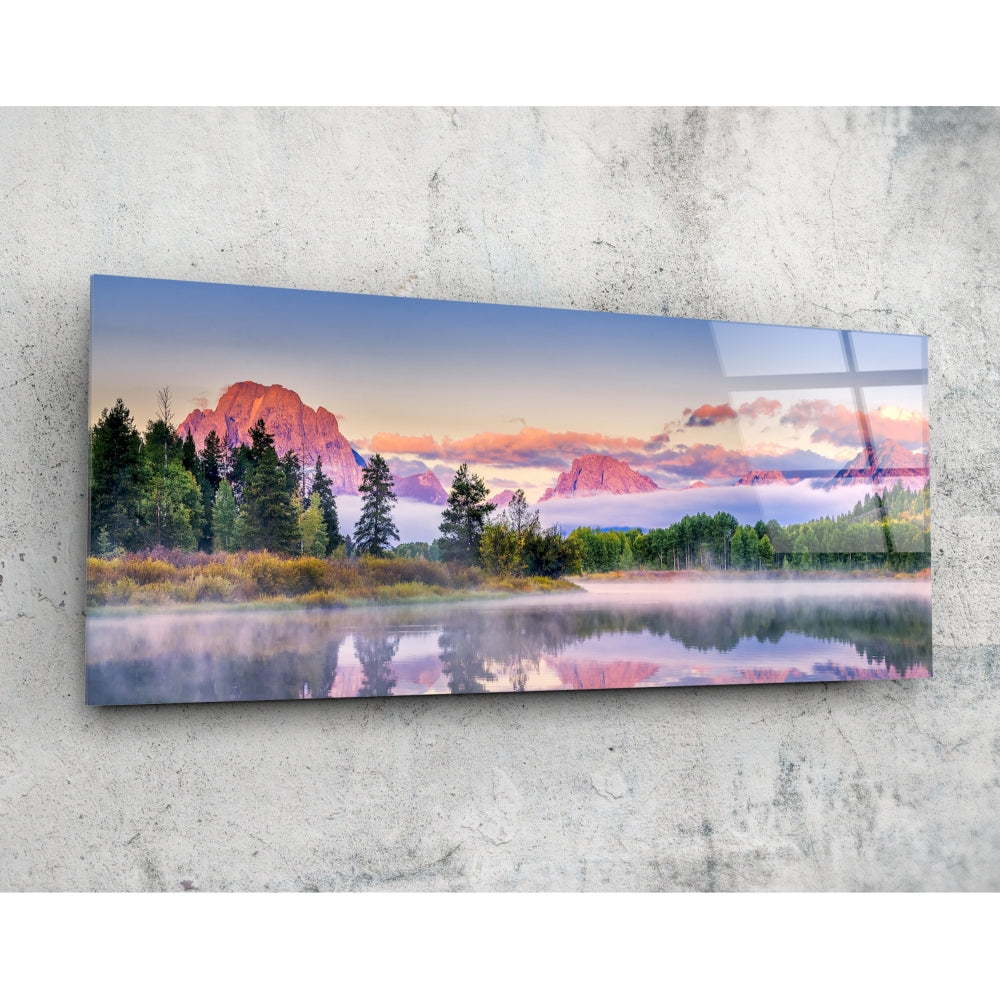 Foggy misty mountain range peaks landscape glass wall art