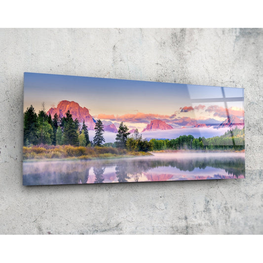 Foggy misty mountain range peaks landscape glass wall art