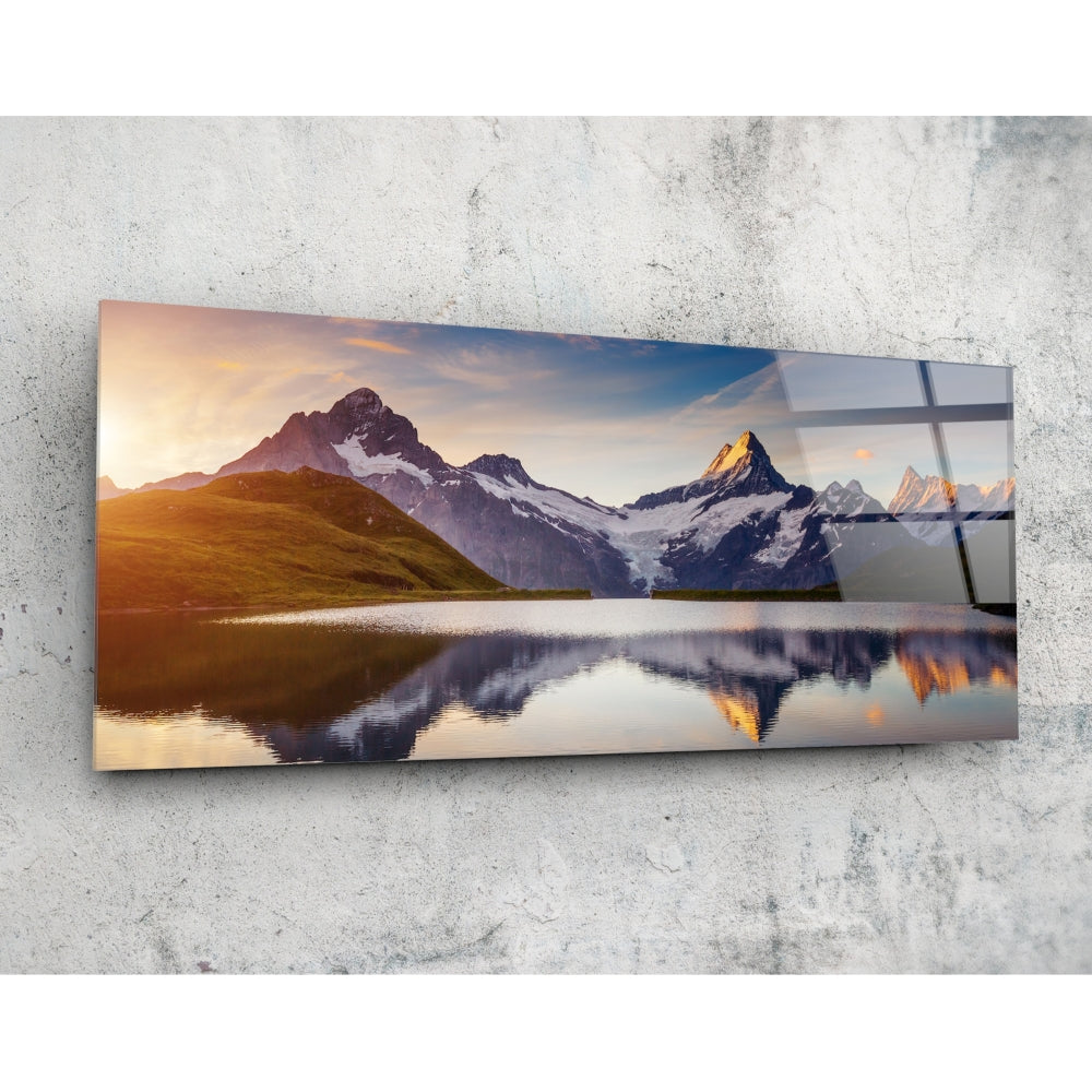 Snowy peaks sunrise lake glass wall art print
