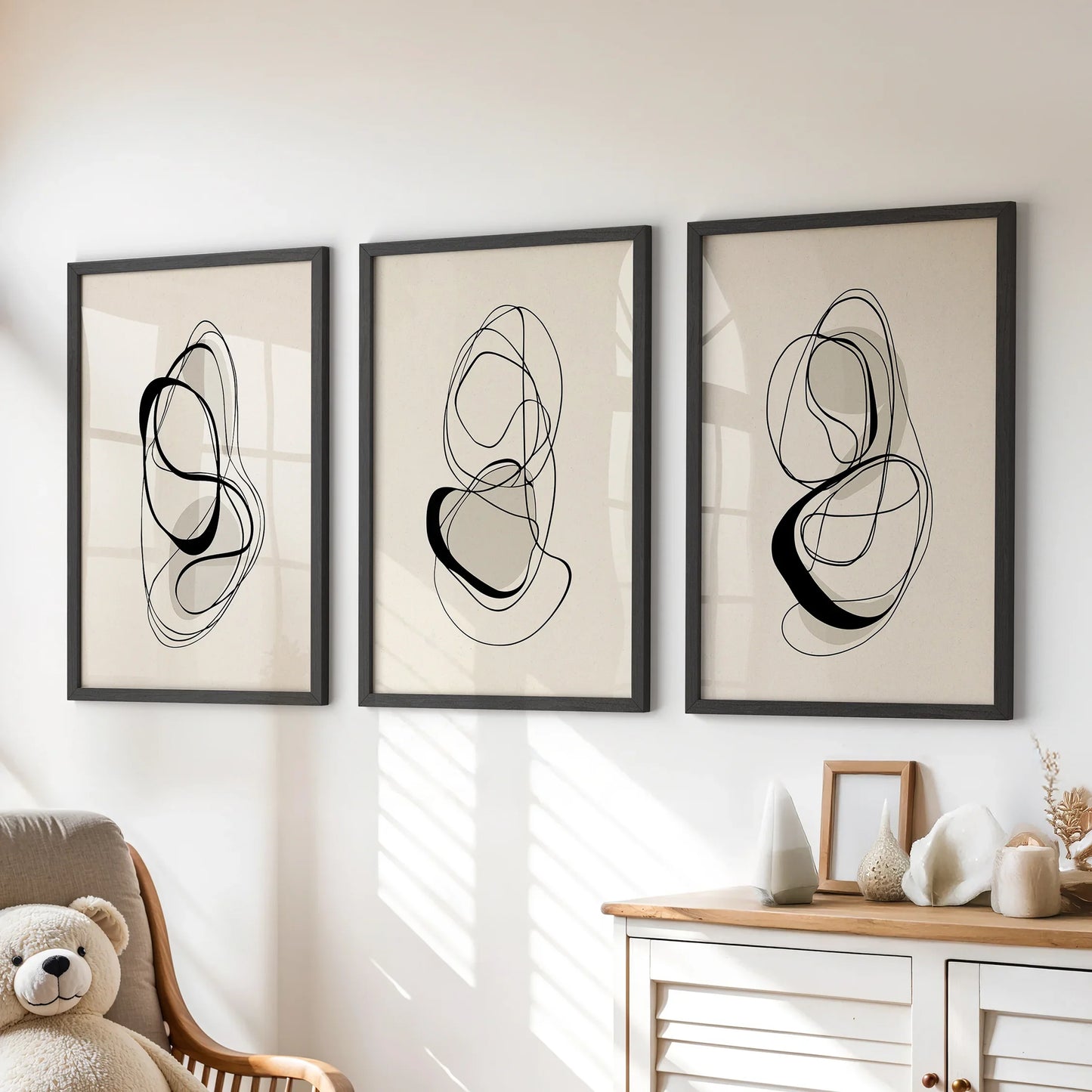 Black and Beige Abstract Wall Art Set of 3 Line Prints