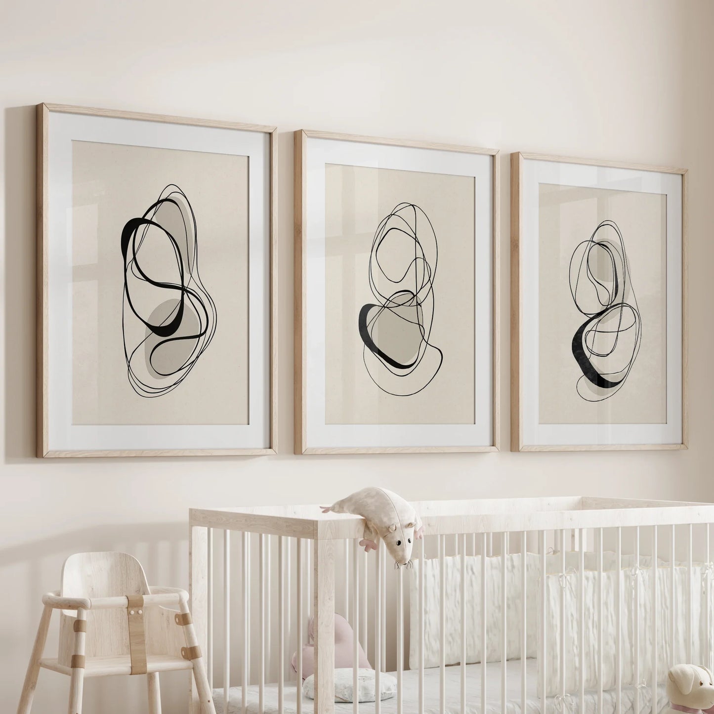 Black and Beige Abstract Wall Art Set of 3 Line Prints