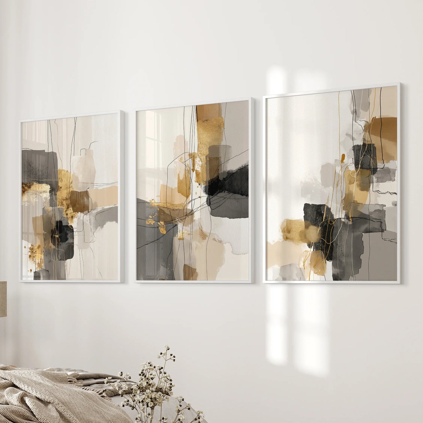 Neutral Abstract Wall Art Set of 3 Beige Gray Gold Prints