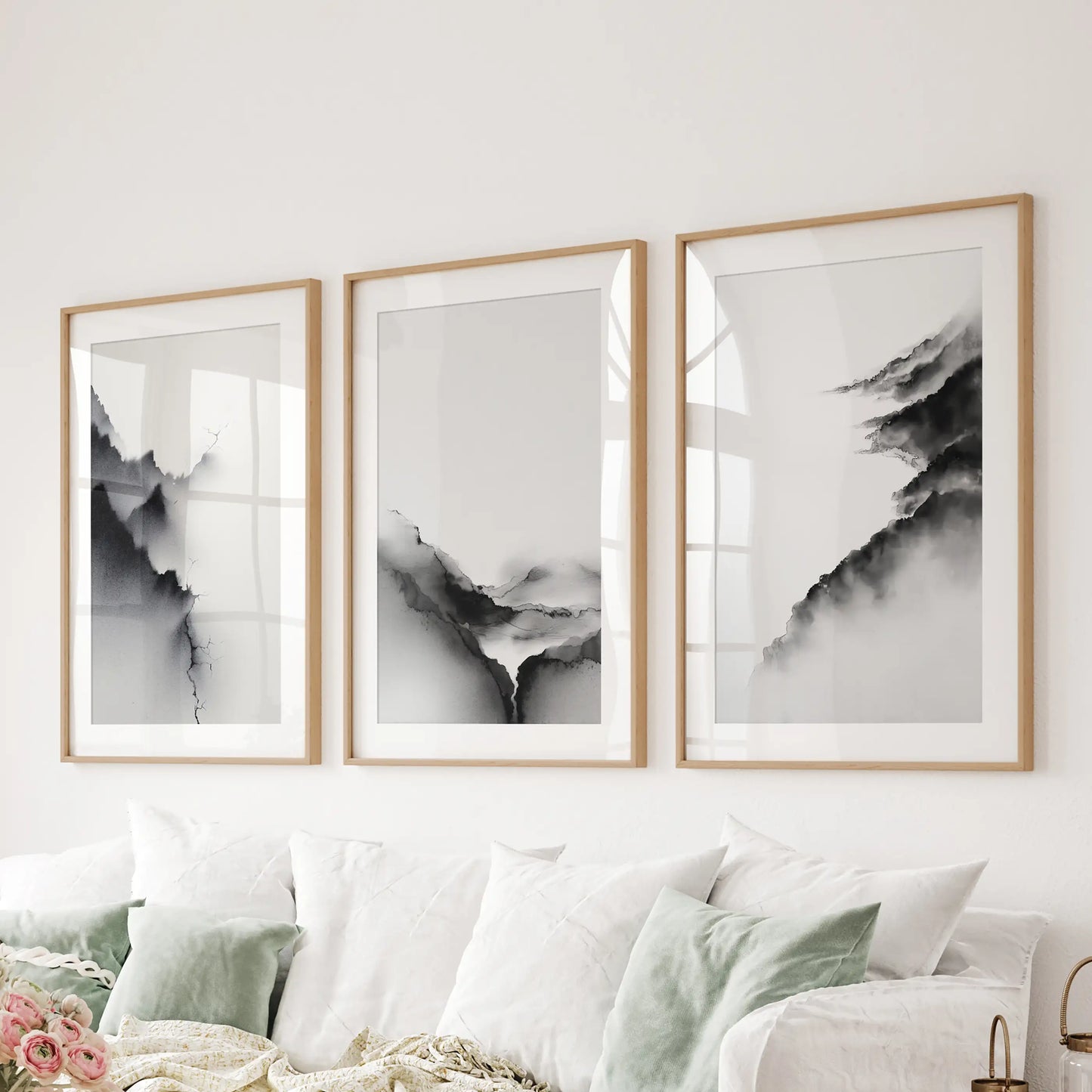 Mountain Landscape Wall Art Set of 3 Black and White Prints