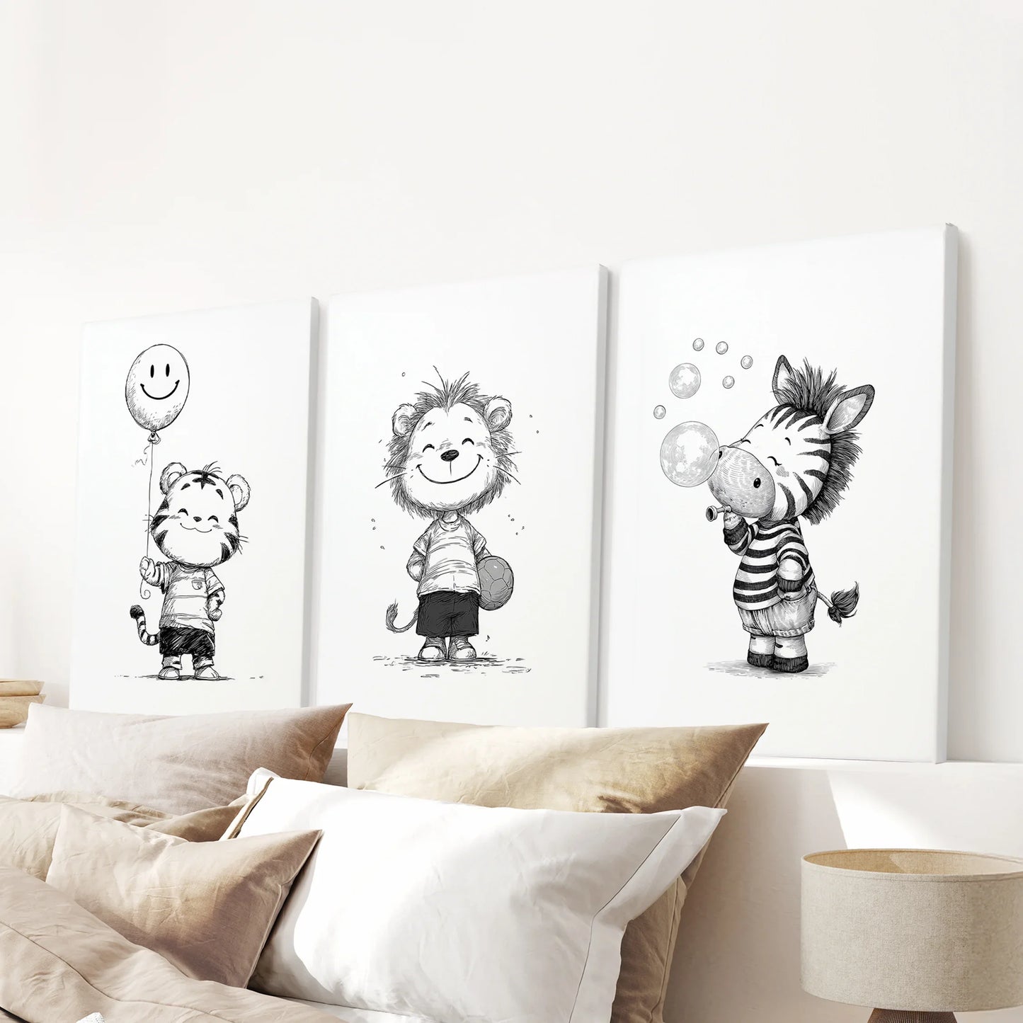 Black and White Safari Nursery Wall Art Set of 3 - Lion, Tiger, Zebra