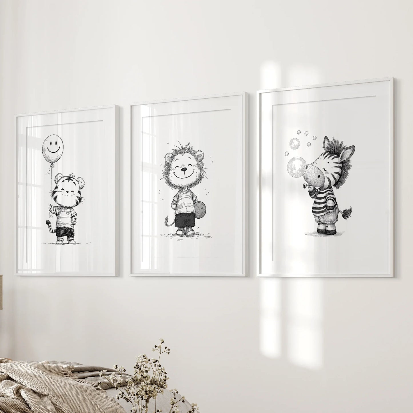 Black and White Safari Nursery Wall Art Set of 3 - Lion, Tiger, Zebra