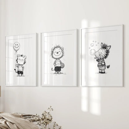 Black and White Safari Nursery Wall Art Set of 3 - Lion, Tiger, Zebra