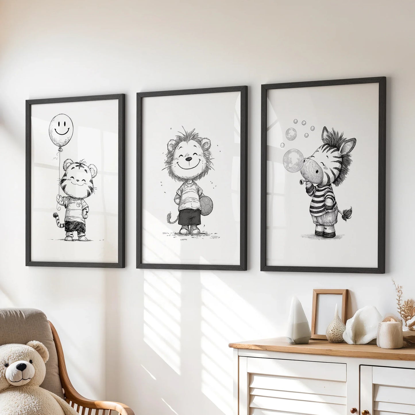 Black and white safari nursery wall art set of 3 with lion, tiger, and zebra