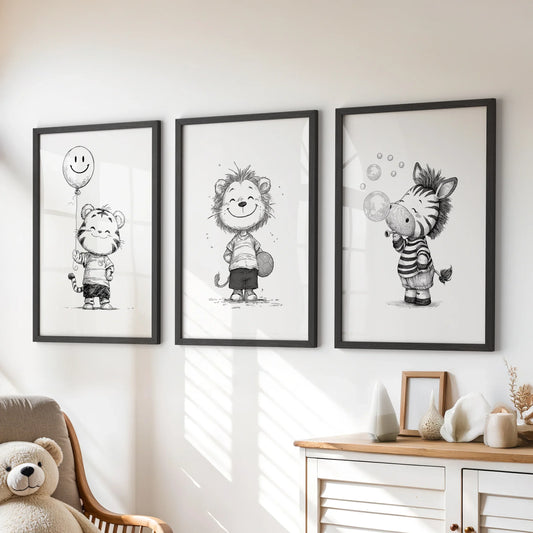 Black and white safari nursery wall art set of 3 with lion, tiger, and zebra