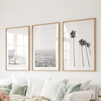 Black and White Coastal Wall Art Set of 3 (Unframed)