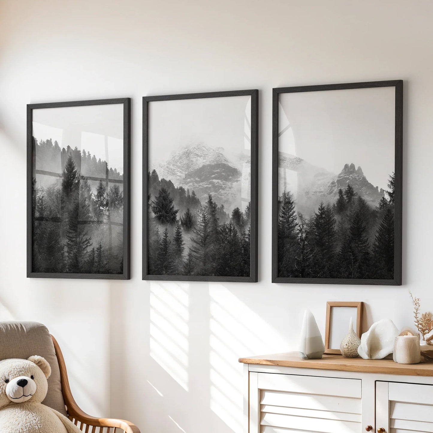 Misty Mountain Forest Wall Art Set of 3 Black and White