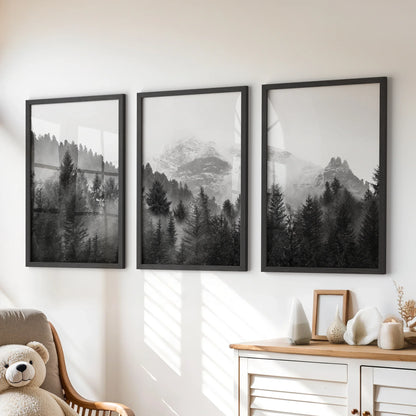 Misty Mountain Forest Wall Art Set of 3 Black and White