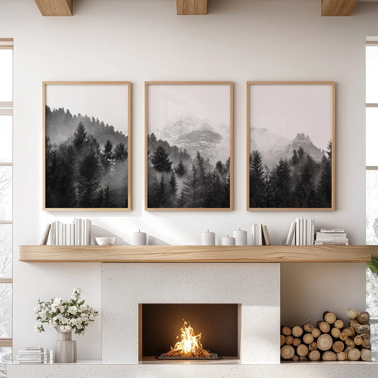 Misty Mountain Forest Wall Art Set of 3 Black and White
