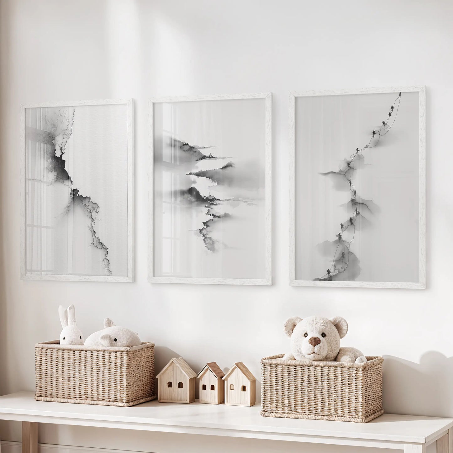 Abstract Mountain Wall Art, Black White 3 Piece Set