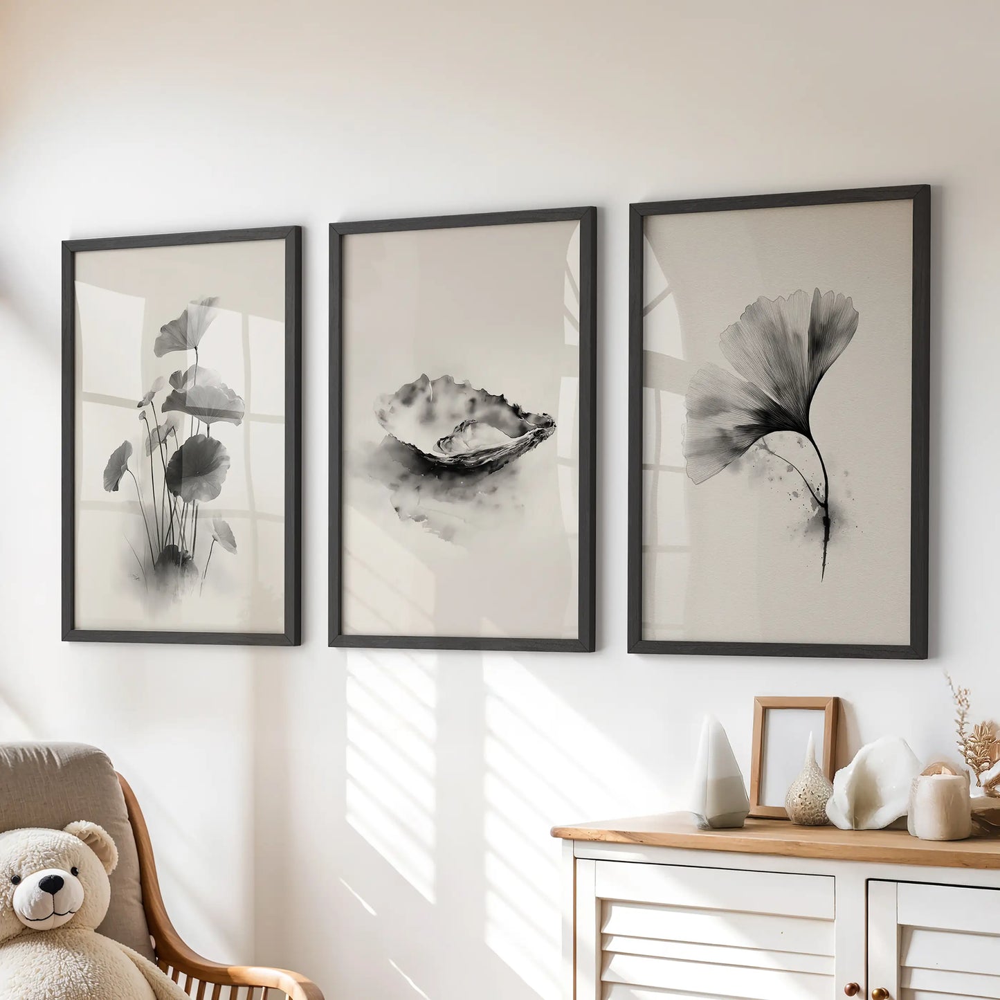 Japanese Botanical Wall Art Set of 3 Black and White Flowers
