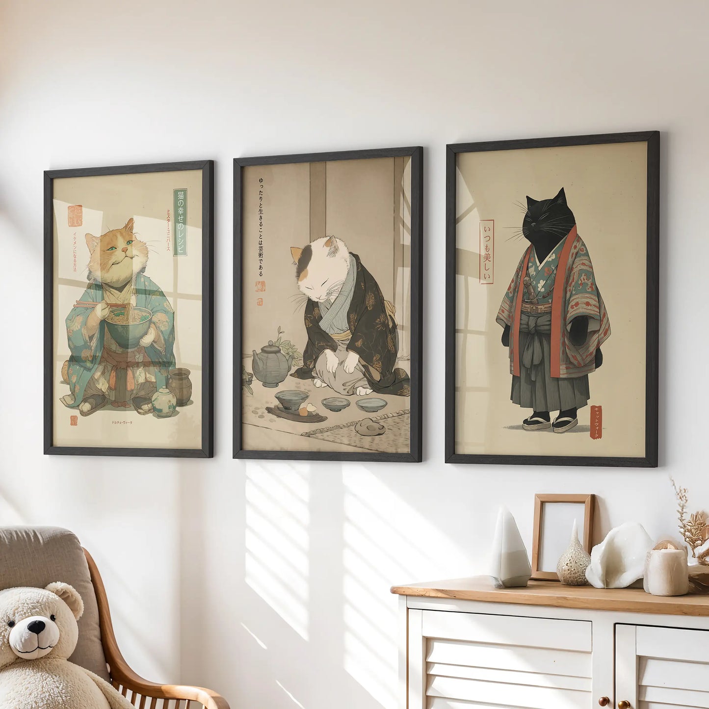 Japanese Ukiyo-e Cat Wall Art, Tea Ceremony Set of 3