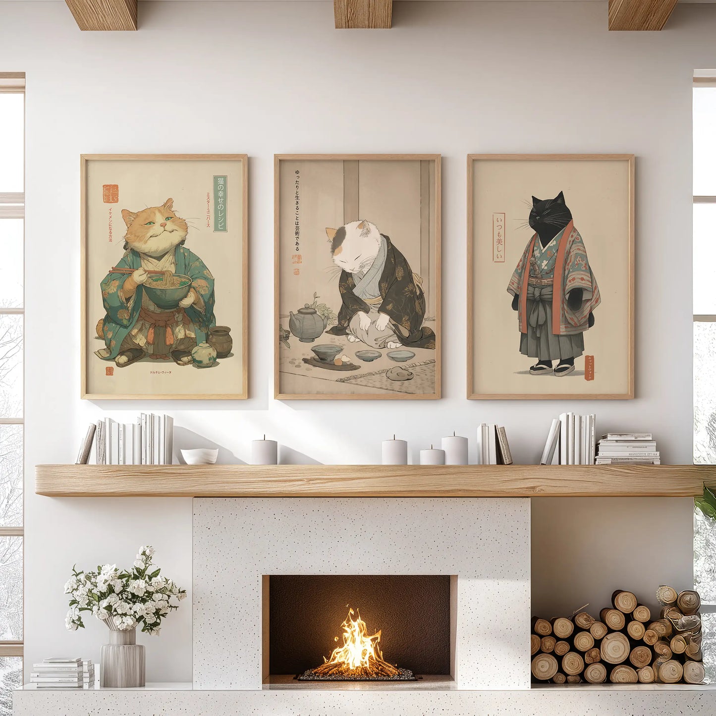 Japanese Ukiyo-e Cat Wall Art, Tea Ceremony Set of 3