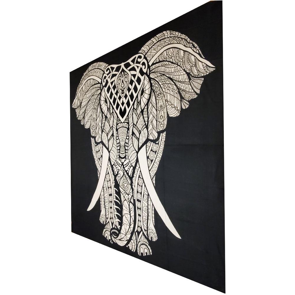 Cotton elephant tapestry with mandala linework, boho wall hanging