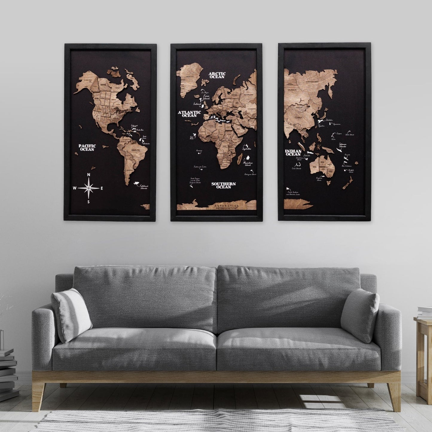 Wooden World Map Triptych Wall Art - Dark Walnut