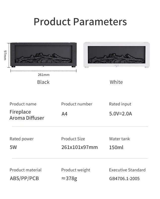 black and white fireplace style aroma diffuser product parameters display