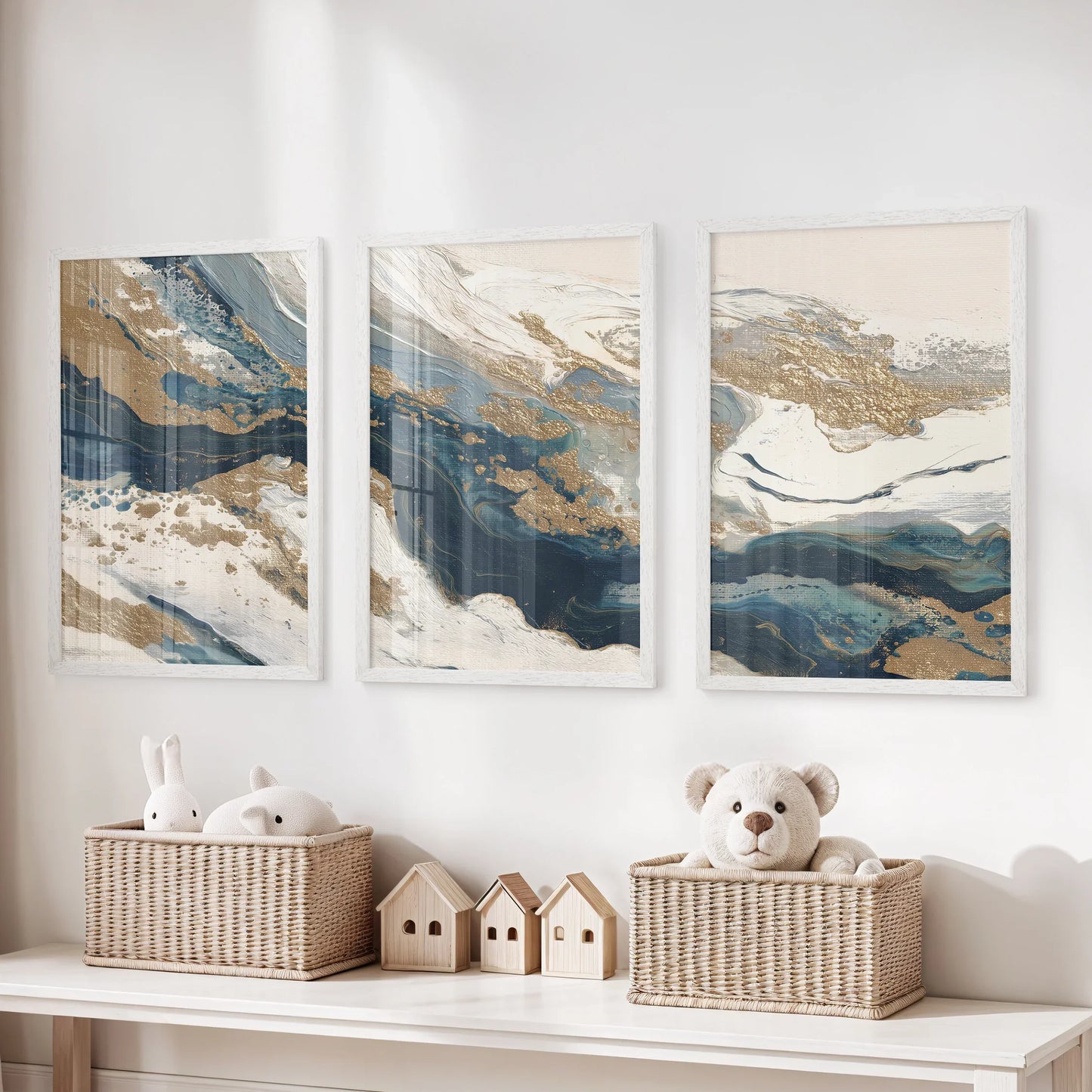 Gold and Blue Brush Stroke Abstract Wall Art Set of 3