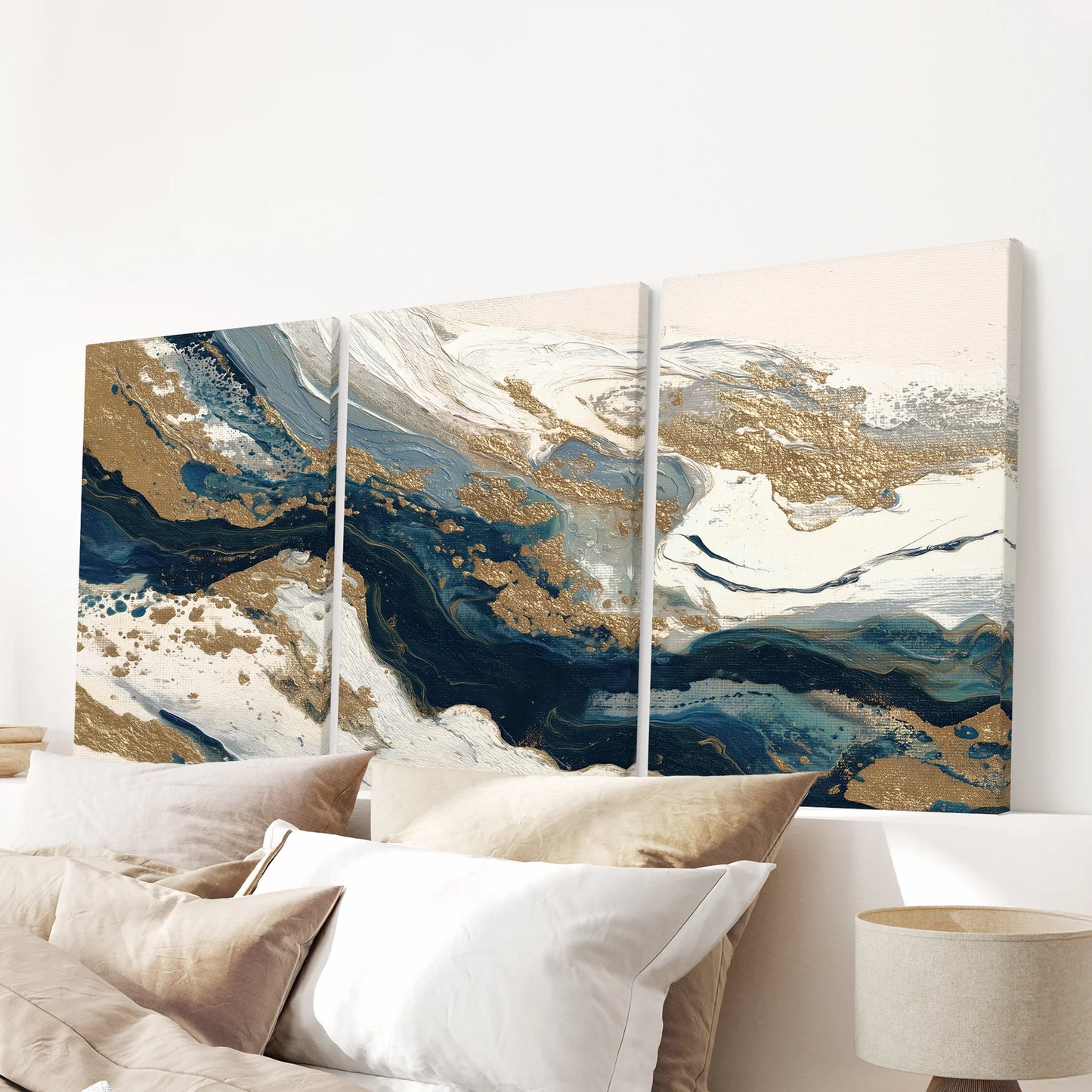 Gold and Blue Brush Stroke Abstract Wall Art Set of 3