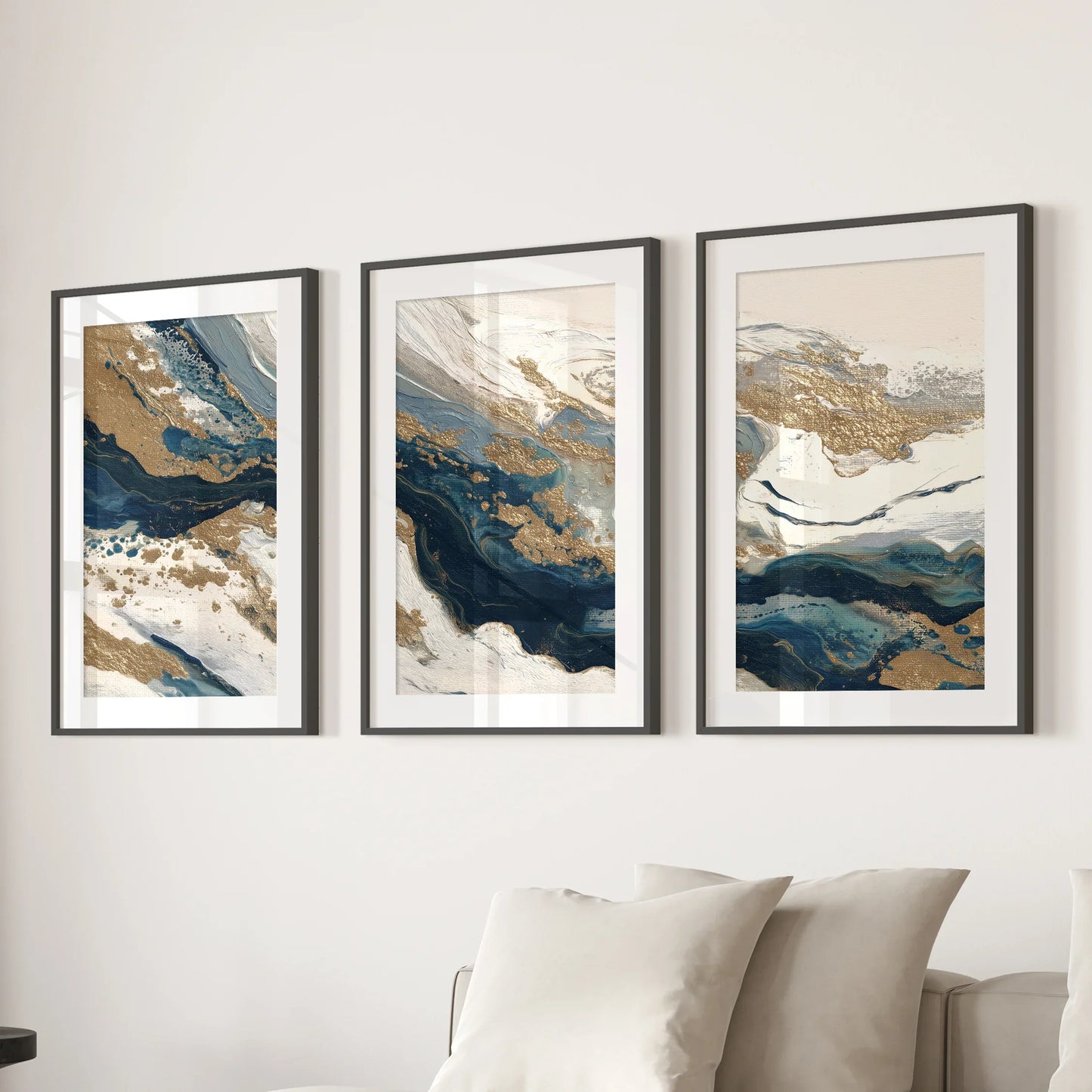 Gold and Blue Brush Stroke Abstract Wall Art Set of 3