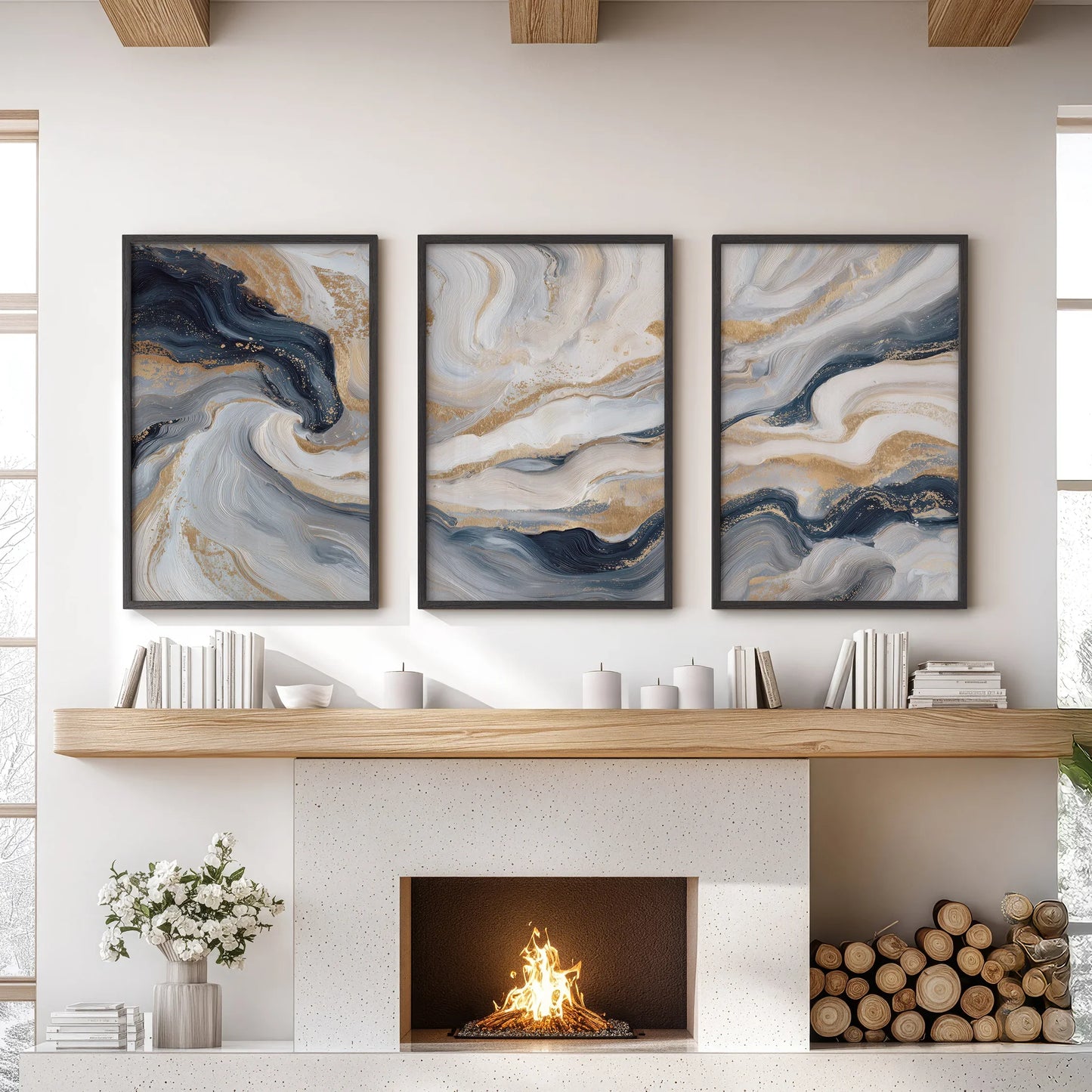 Marble Abstract Wall Art Set of 3 Navy Blue and Gold Prints