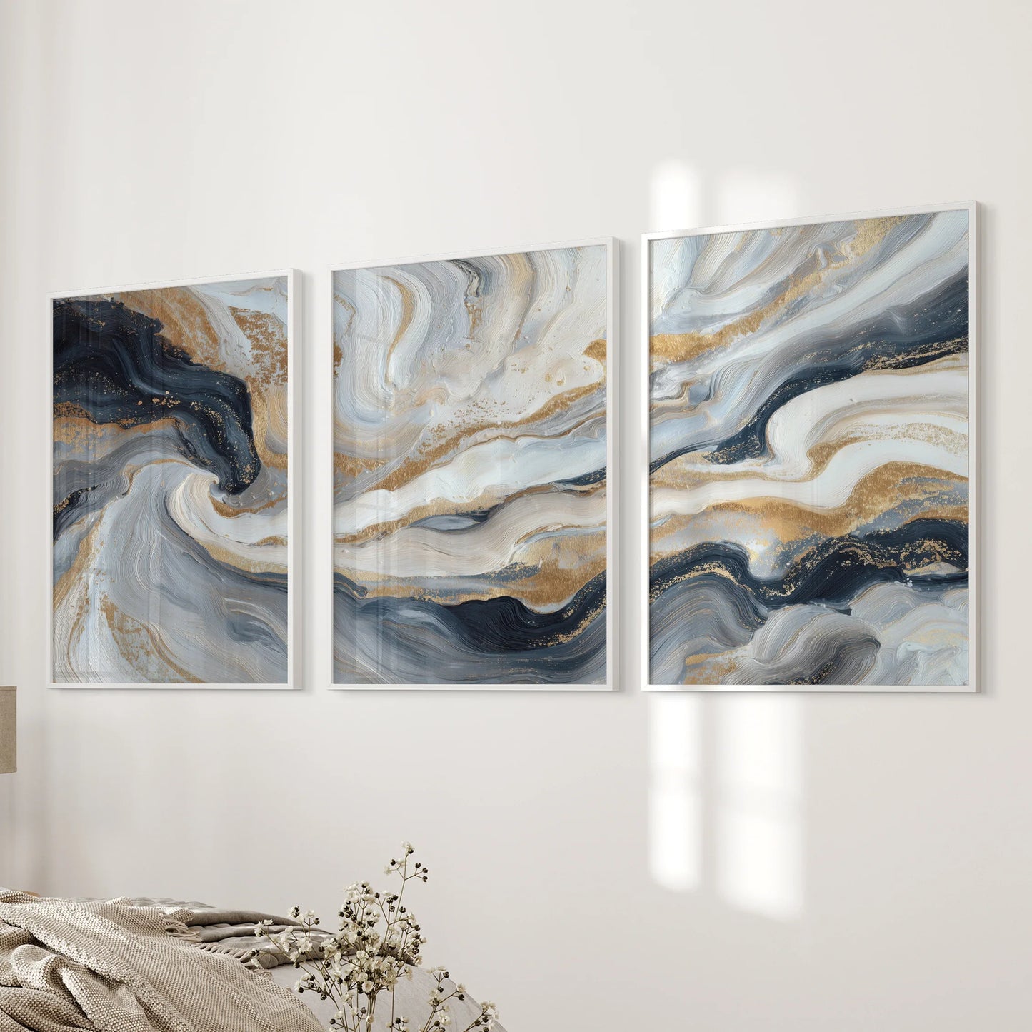 Marble Abstract Wall Art Set of 3 Navy Blue and Gold Prints