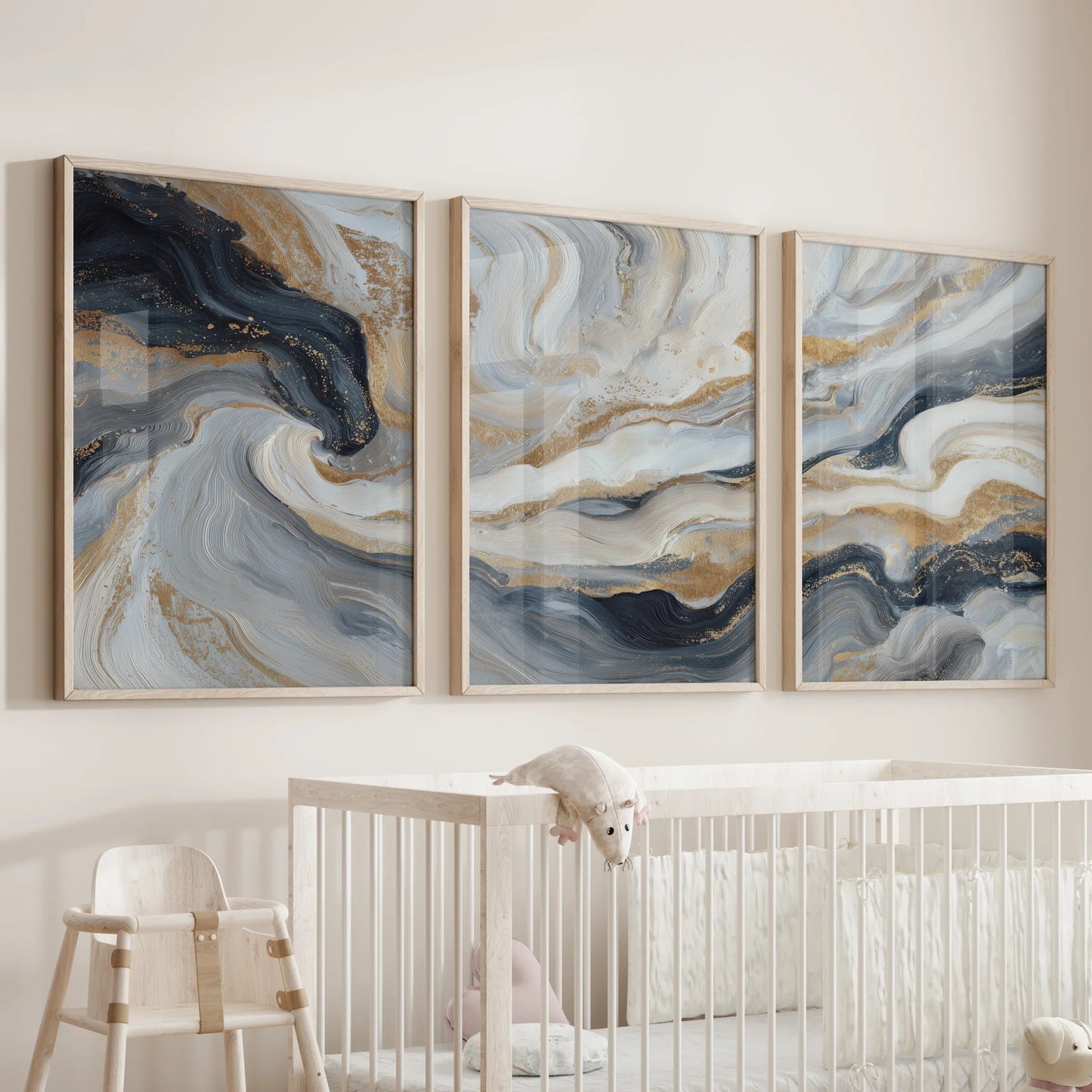 Marble Abstract Wall Art Set of 3 Navy Blue and Gold Prints