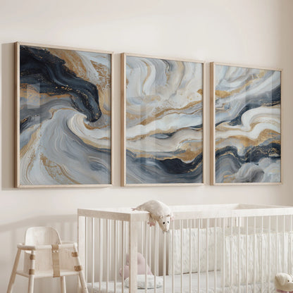 Marble Abstract Wall Art Set of 3 Navy Blue and Gold Prints
