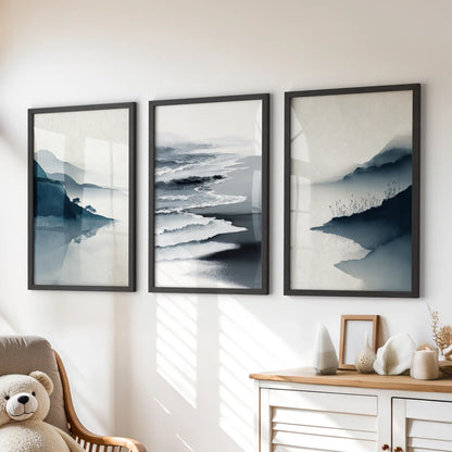 Minimalist Mountain Lake Landscape Wall Art Set of 3