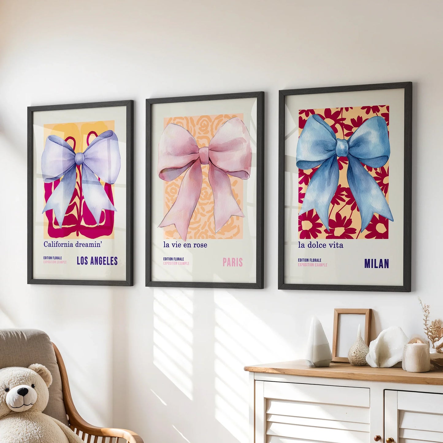 Girly Bow Wall Art Set of 3 Preppy Pastel Prints