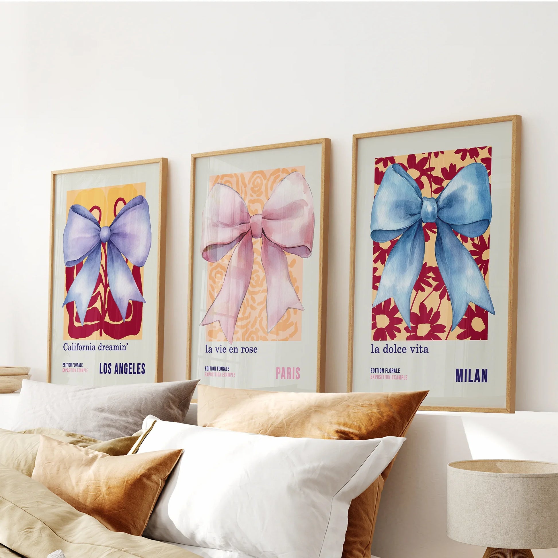 Girly bow preppy pastel wall art set of 3 prints