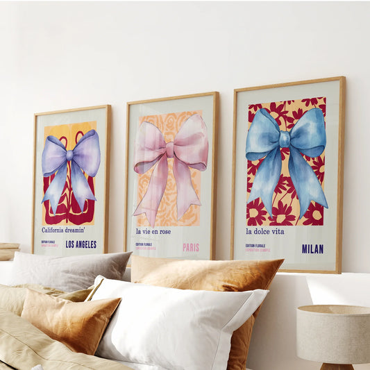Girly bow preppy pastel wall art set of 3 prints
