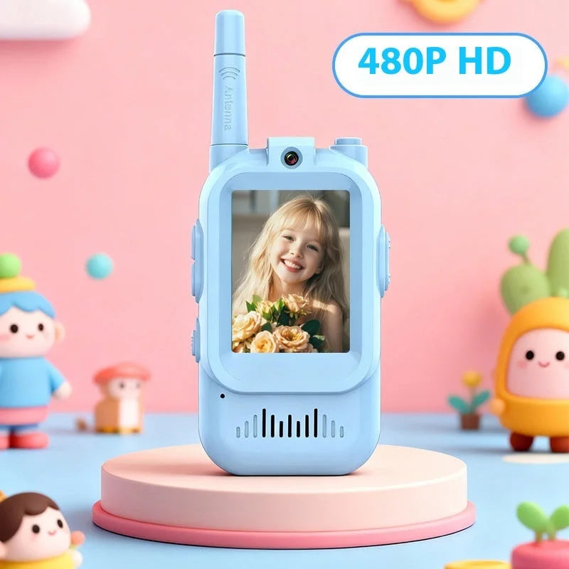 blue kids walkie-talkie camera displayed on a pastel platform with a child photo on the screen