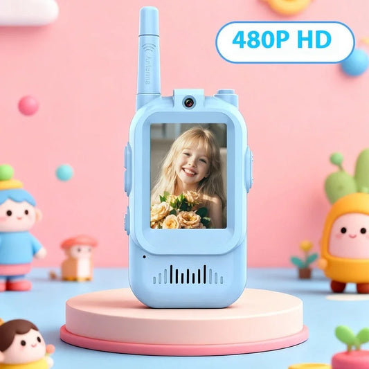 blue kids walkie-talkie camera displayed on a pastel platform with a child photo on the screen