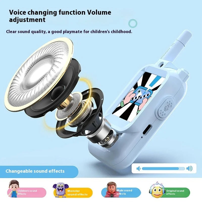 blue kids walkie-talkie opened to show internal speaker parts and voice-changing features