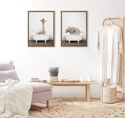 Baby Elephant in the Tub Framed Canvas Wall Art